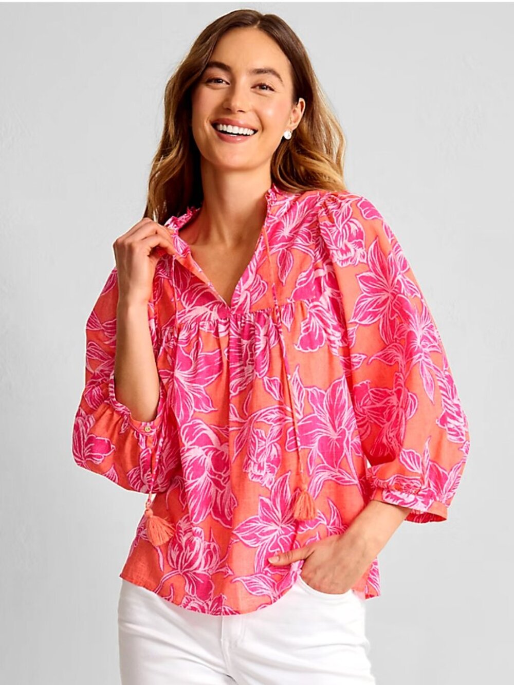 Tommy Bahama Paradiso Petals Tropical Floral 3/4-Sleeve Top 100% Cotton Size L